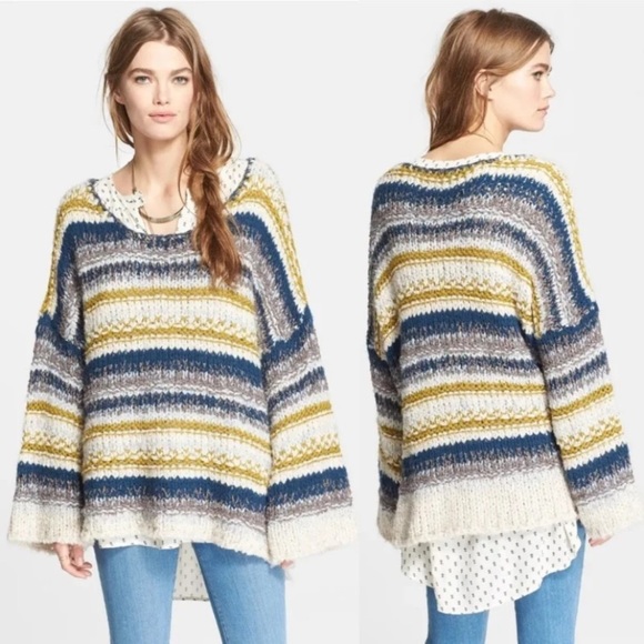 Free People Sweaters - Free People Striped Crochet Boho Slouchy Sweater Multicolor Chunky Sz Large